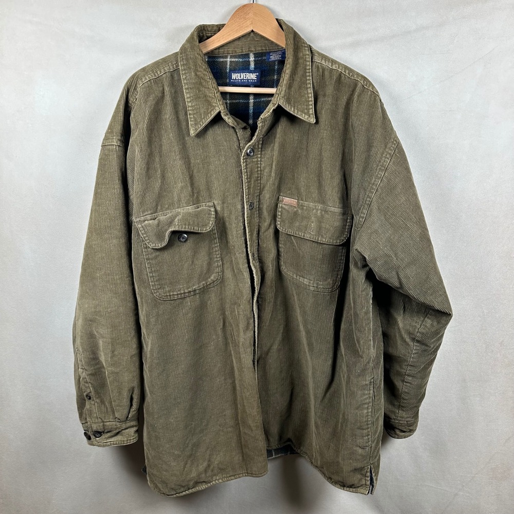 Wolverine Corduroy Shirt Jacket Mens XL Fleece Lined Workwear Olive Green Plaid